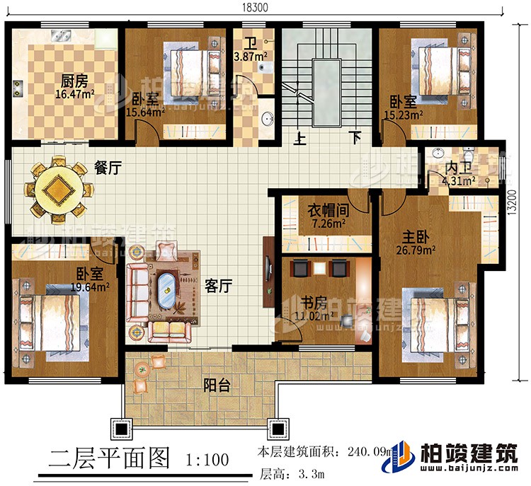 二層：4臥室，客廳，書房，衣帽間，廚房，餐廳，2衛生間，陽台