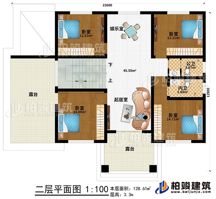 二層：4臥室，內衛，公衛，起居室，樓梯，棋牌室，2露台