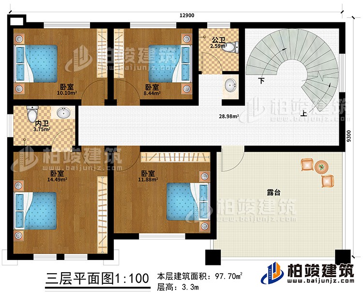 三層：4臥室、公衛、內衛、露台