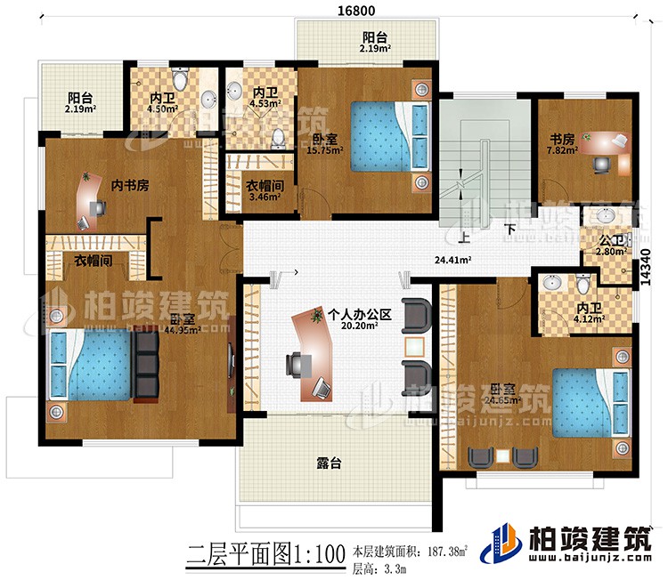 二層：3臥室、2衣帽間、3內衛、內書房、書房、個人辦公區、公衛、2陽台、露台