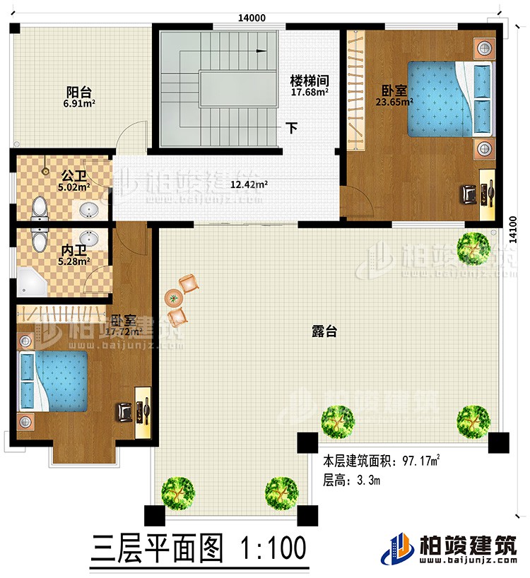 三層：2臥室、樓梯間、公衛、內衛、陽台、露台