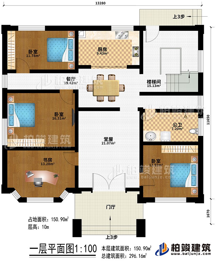 一層：門廳、堂屋、餐廳、廚房、樓梯間、3臥室、書房、公衛