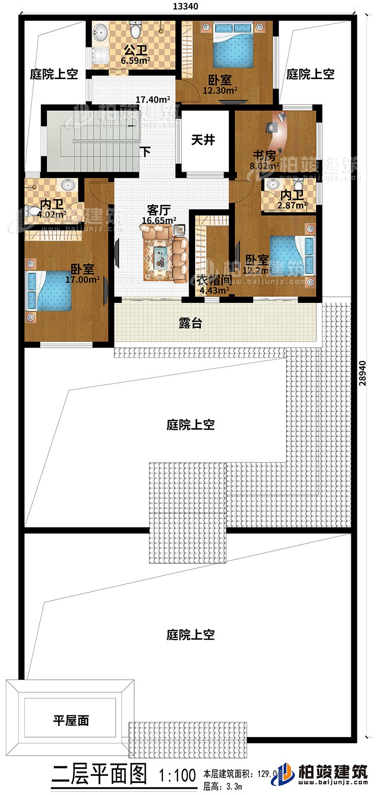 二層：平屋麵、4庭院上空、3臥室、客廳、天井、衣帽間、書房、公衛、2內衛