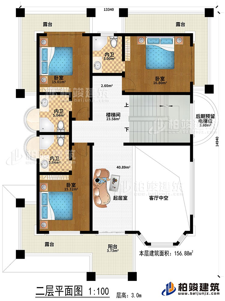 二層：起居室、客廳中空、樓梯間、3臥室、3內衛、陽台、3露台、後期預留電梯位