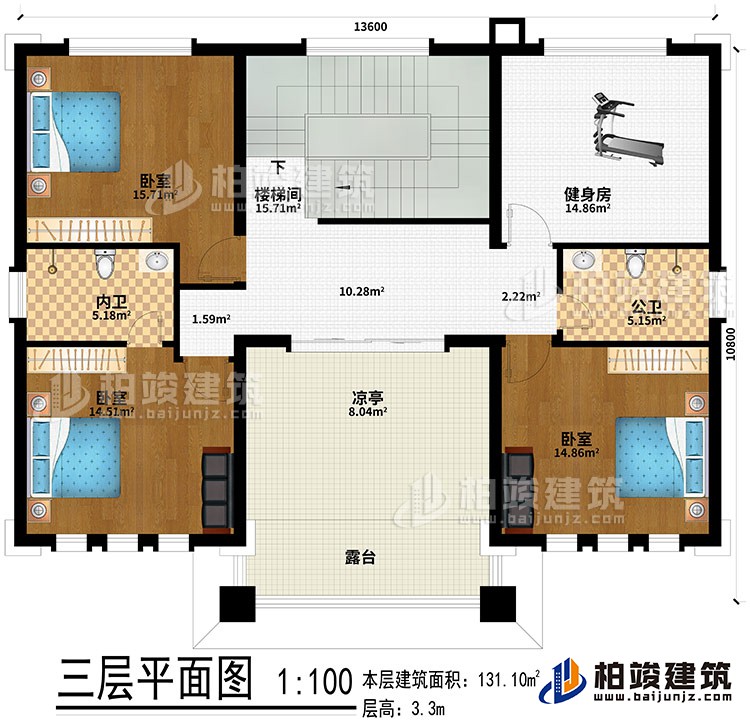 三層：樓梯間、健身房、3臥室、公衛、內衛、涼亭、露台