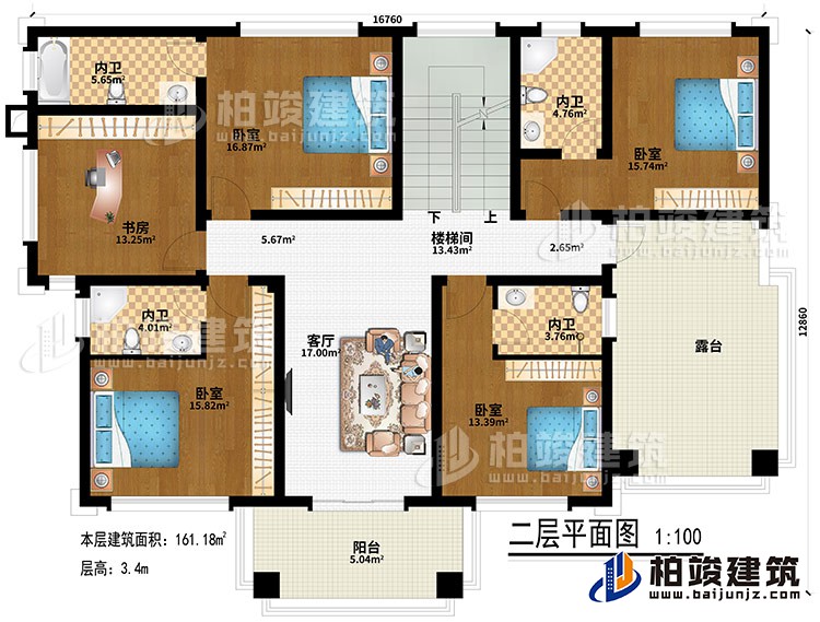 二層：客廳、樓梯間、4臥室、4內衛、書房、陽台、露台