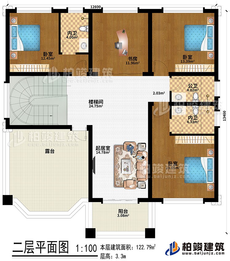 二層：樓梯間、起居室、3臥室、書房、2內衛、公衛、露台、陽台