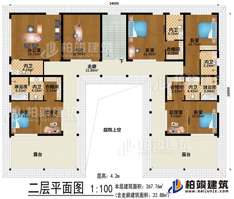 二層：辦公室、書房、2起居室、3衣帽間、4臥室、2淋浴房、5內衛、走廊、2露台、庭院上空