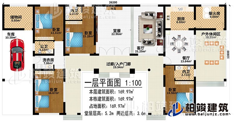 一層：過廊/入戶門廊、堂屋、神龕、客廳、餐廳、廚房、柴火房、戶外休閑區、儲物間、車庫、洗衣房、4臥室、2內衛、公衛