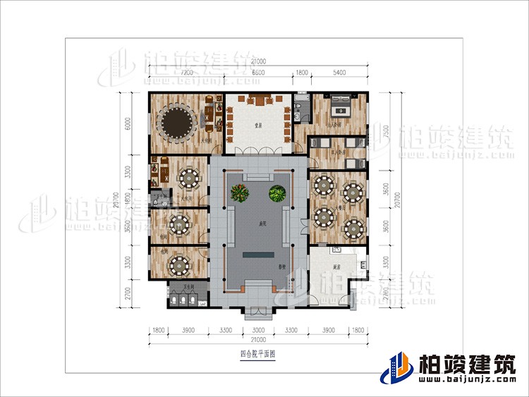 一層：大餐廳、2包間、2大餐廳、2內衛、堂屋、臥室、工人臥室、公衛、庭院、影壁牆