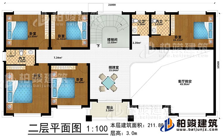 二層：棋牌室、樓梯間、5臥室、2內衛、公衛、客廳挑空、陽台