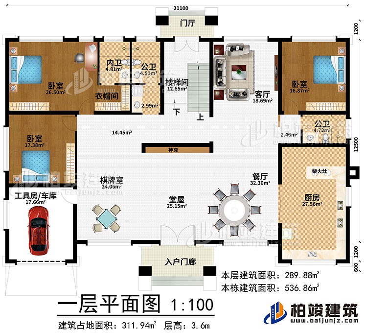 一層：入戶門廊、門廳、堂屋、神龕、棋牌室、餐廳、廚房、客廳、樓梯間、工具房/車庫、3臥室、衣帽間、內衛、2公衛