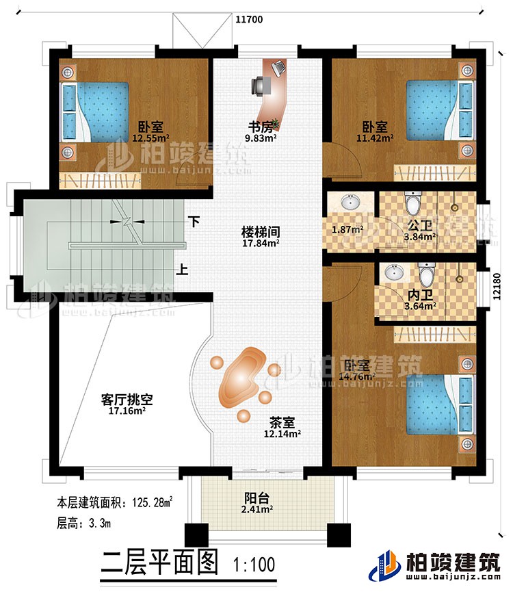 二層：樓梯間、書房、茶室、客廳挑空、3臥室、公衛、內衛、陽台