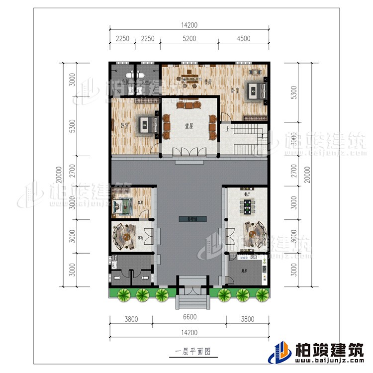 一層：廚房、2客廳、餐廳、公衛、3臥室、影壁牆、堂屋、書房、2內衛