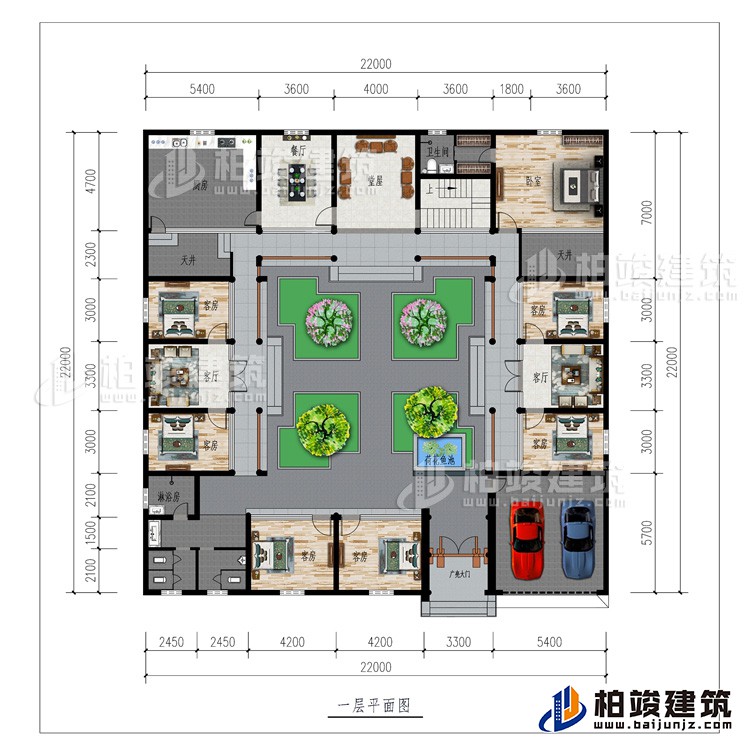 一層：廣亮大門、車庫、書房、公衛、7臥室、2客廳、餐廳、廚房、堂屋、2天井、內衛、荷花魚池