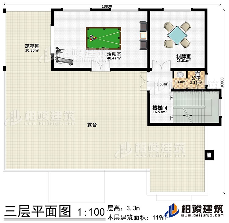 三層：棋牌室、活動室、樓梯間、涼亭區、露台