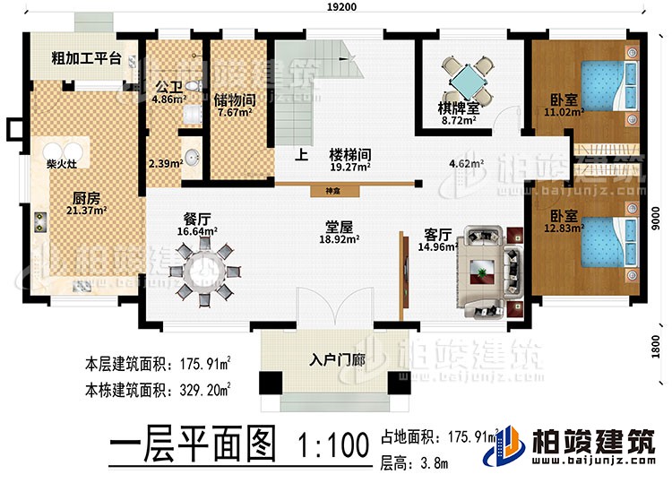 一層：入戶門廊、堂屋、神龕、客廳、餐廳、廚房、柴火灶、粗加工平台、儲物間、樓梯間、棋牌室、2臥室、公衛