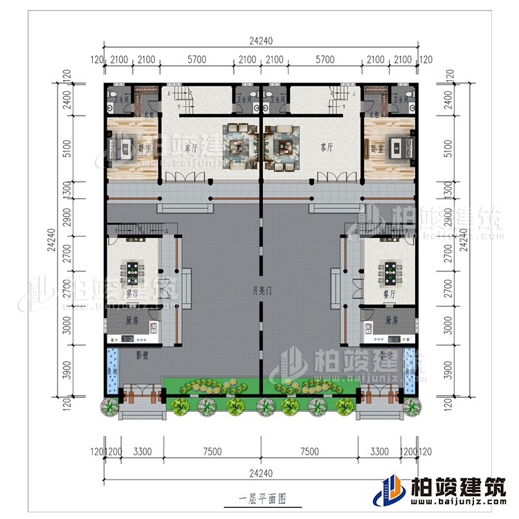 一層：月亮門、2廚房、2影壁、2餐廳、2客廳、2臥室、2衣櫃、2內衛、2魚池