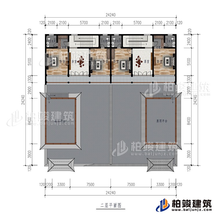 二層：2屋頂平台、2茶室、4臥室、2衣櫃、4內衛