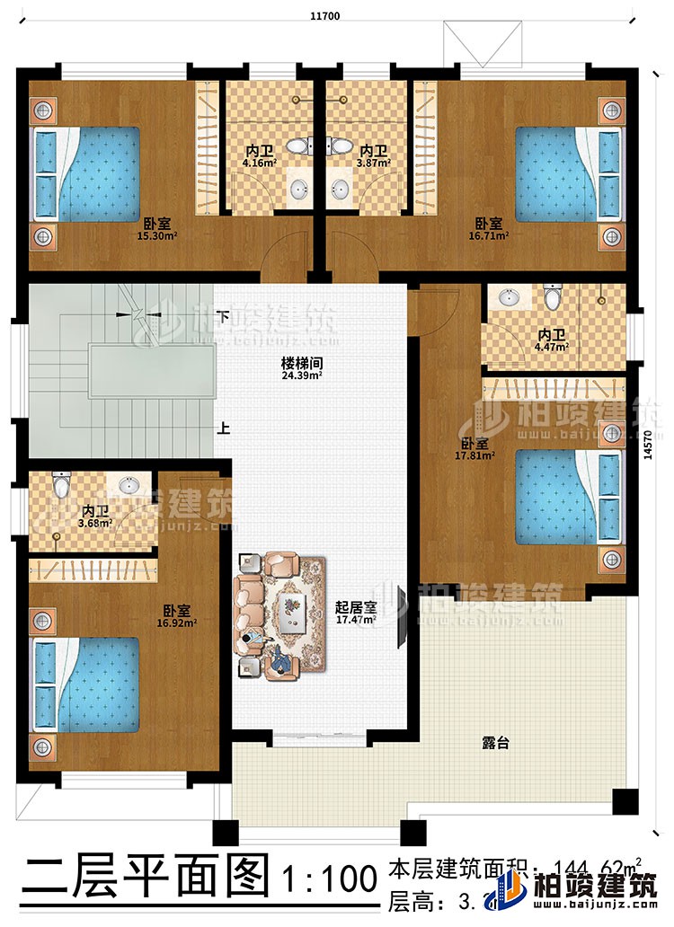 二層：起居室、樓梯間、4臥室、4內衛、露台