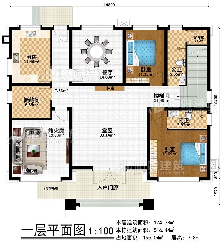 一層：入戶門廊、無障礙通道、廚房、餐廳、儲藏間、烤火房、公衛、加壓房、樓梯間、2臥室、內衛