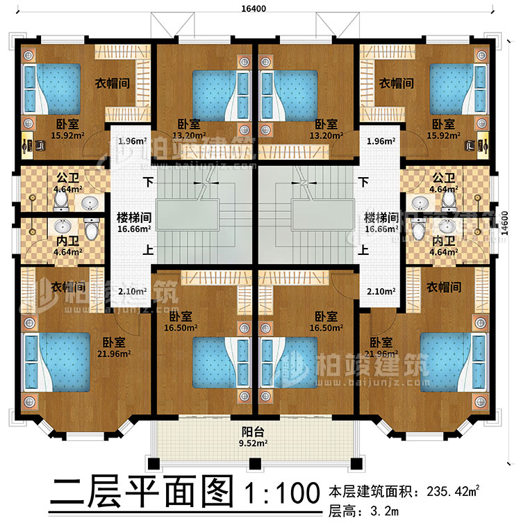 二層：2樓梯間、8臥室、4衣帽間、2公衛、2內衛、陽台