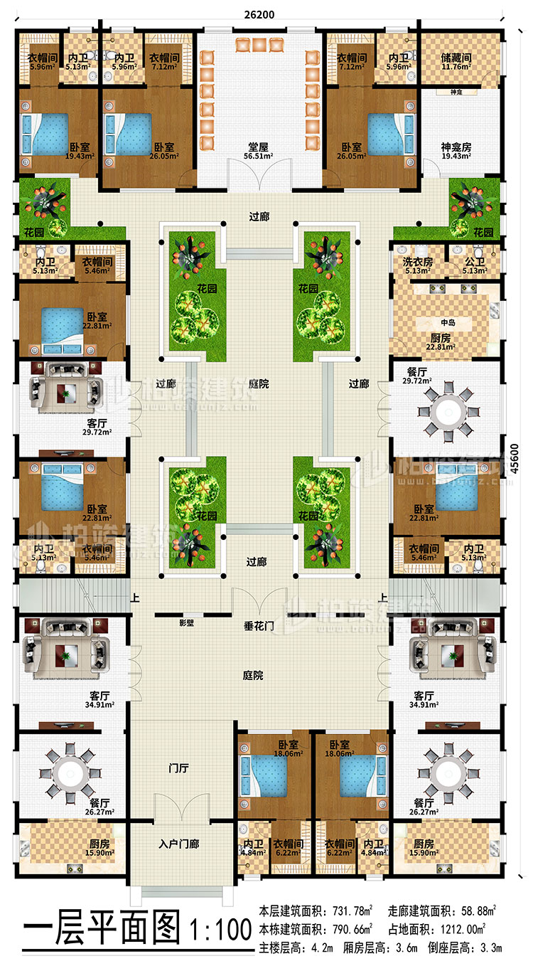 一層：入戶門廊、門廳、3餐廳、3廚房、3客廳、堂屋、神龕、神龕房、儲物間、6花園、4過廊、2庭院、影壁、垂花門、中島、洗衣房、公衛、8臥室、8衣帽間、8內衛