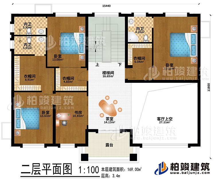 二層：茶室、樓梯間、客廳上空、3臥室、3衣帽間、書房、3內衛、露台