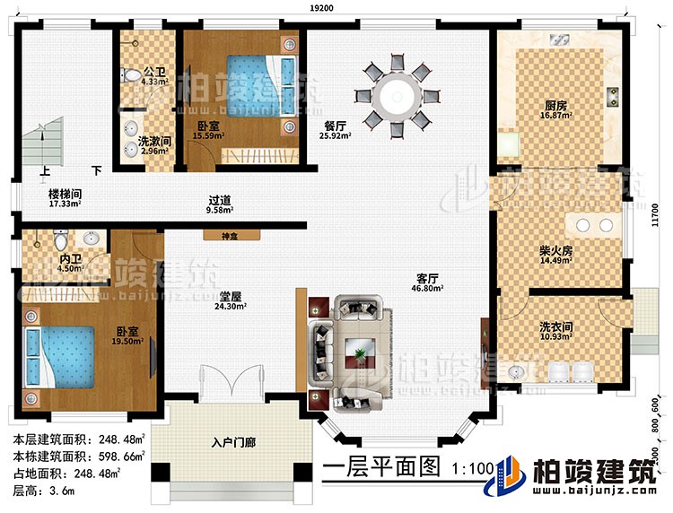 一層：入戶門廊、堂屋、神龕、客廳、餐廳、廚房、柴火房、2臥室、洗漱間、洗衣間、公衛、內衛、過道、樓梯間