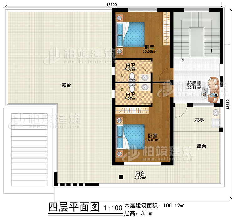 四層：起居室、2臥室、2內衛、涼亭、陽台、2露台