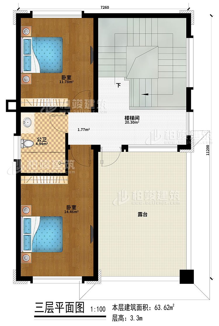 三層：2臥室、樓梯間、公衛、露台