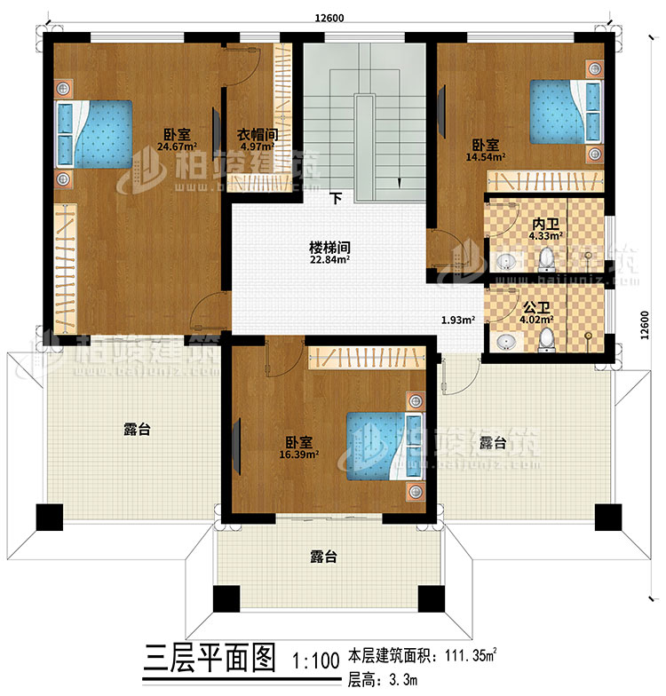 三層：樓梯間、3臥室、公衛、內衛、3露台、衣帽間