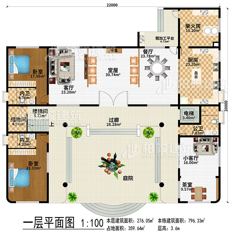 一層：過廊、庭院、堂屋、神龕、客廳、餐廳、廚房、柴火房、粗加工平台、電梯、樓梯間、儲物間、小客廳、茶室、2臥室、2內衛、公衛