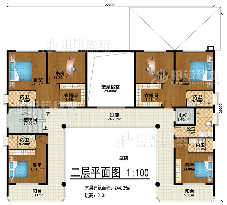 二層：堂屋挑空、過廊、樓梯間、電梯、4臥室、2衣帽間、2書房、4內衛、公衛、2陽台