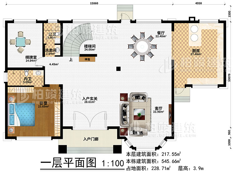 一層：樓梯間、3臥室、衣帽間、公衛、內衛、陽光房、涼亭、2露台