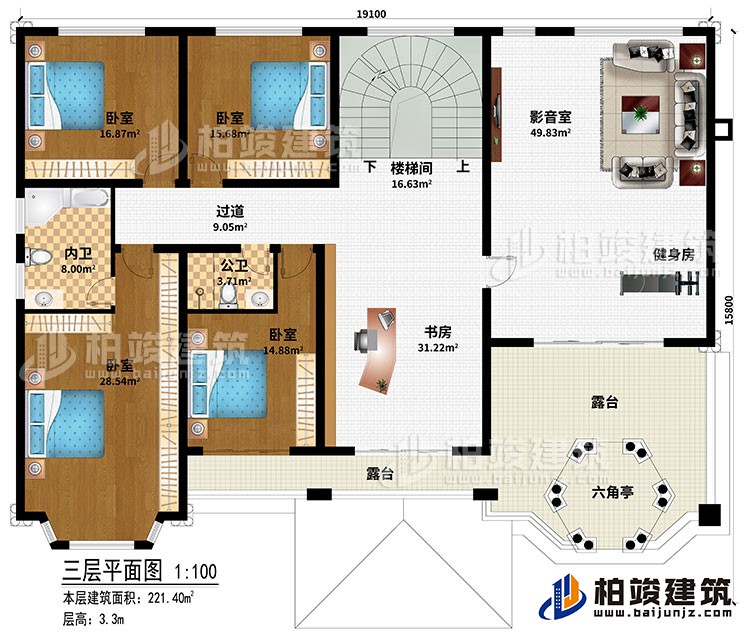 三層：樓梯間、書房、過道、4臥室、公衛、內衛、影音室、健身房、2露台、六角亭