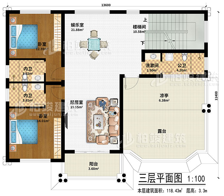 三層：起居室、娛樂室、樓梯間、2臥室、洗漱間、公衛、2內衛、涼亭、陽台、露台