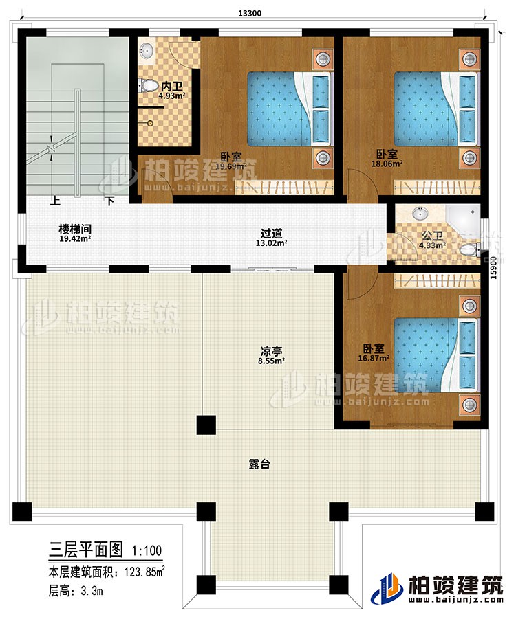 三層：樓梯間、過道、3臥室、公衛、內衛、涼亭、露台