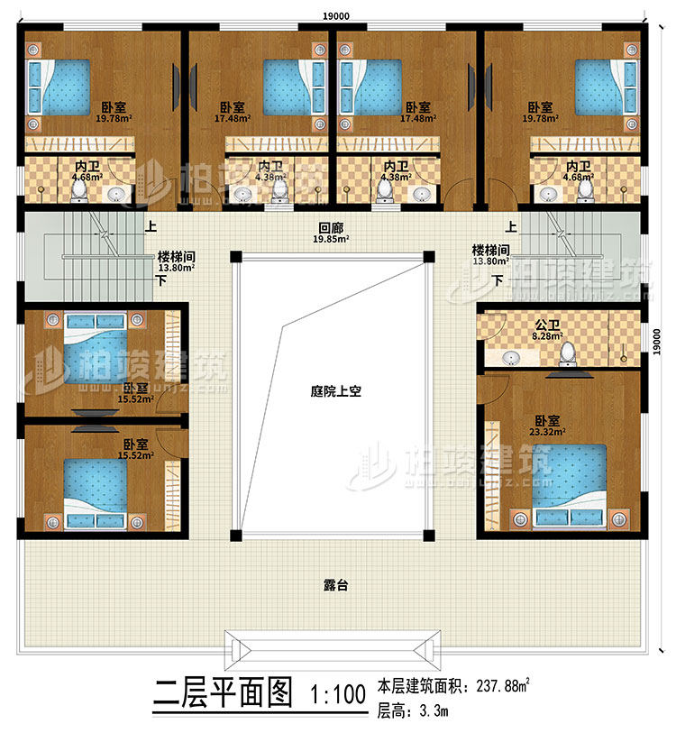 二層：回廊、露台、庭院上空、2樓梯間、7臥室、4內衛、公衛