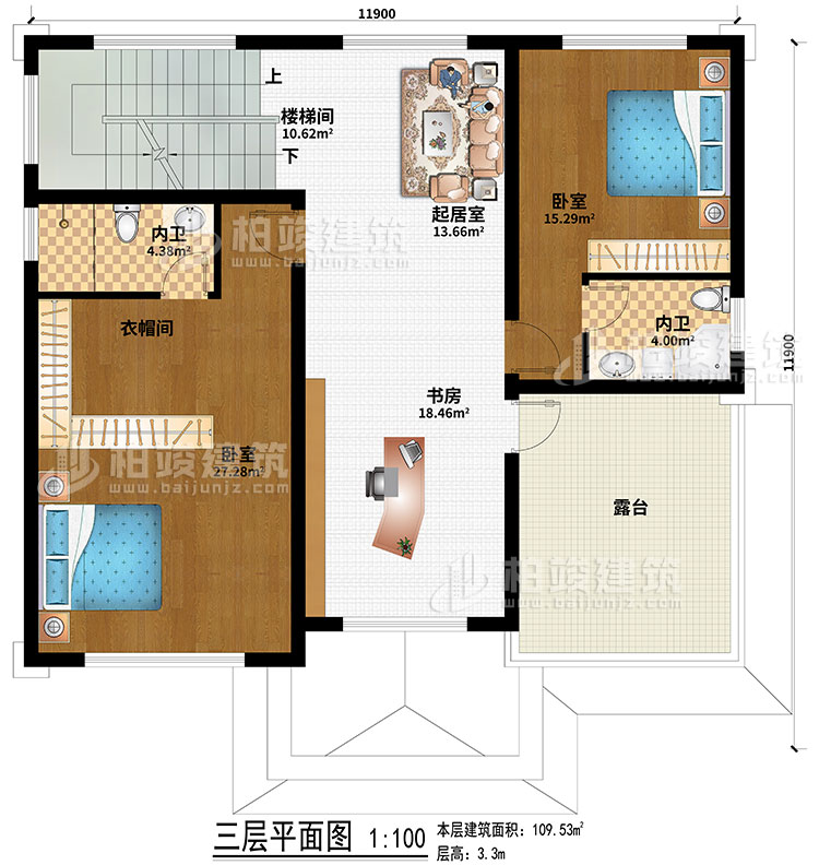 三層：2臥室、起居室、樓梯間、衣帽間、書房、2內衛、露台