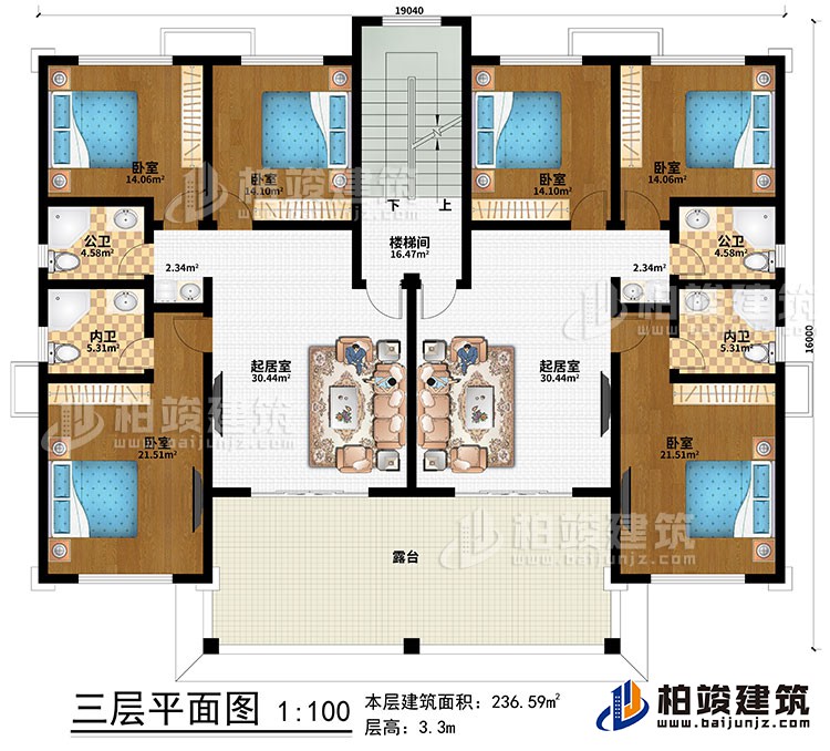 三層：2起居室、樓梯間、6臥室、2公衛、2內衛、露台