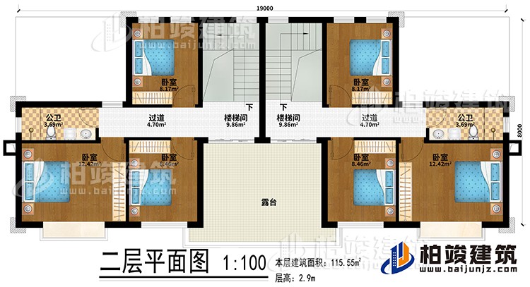 二層：2樓梯間、6臥室、2公衛、2過道、露台