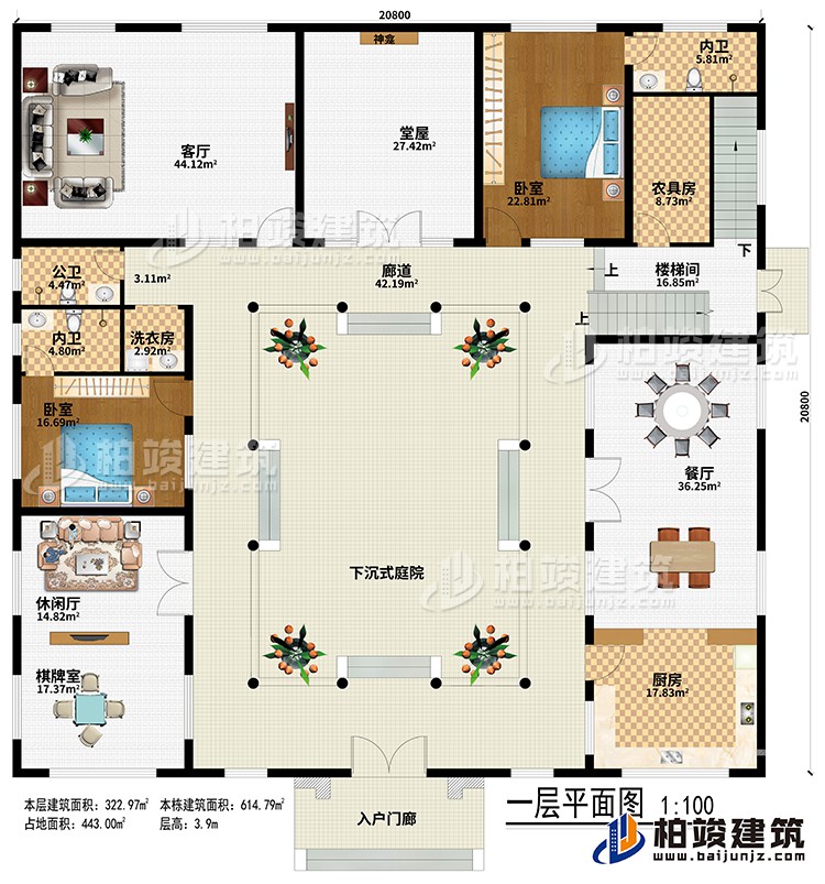 一層：入戶門廊、下沉式庭院、廊道、堂屋、神龕、客廳、餐廳、廚房、休閑廳、棋牌室、農具房、樓梯間、2臥室、2內衛、公衛、洗衣房