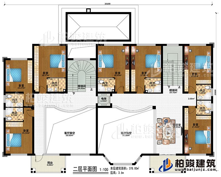 二層：2樓梯間、2客廳挑空、起居室、7臥室、7內衛、電梯、2陽台