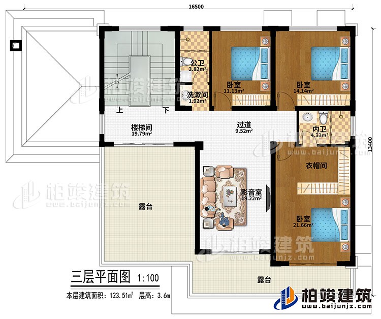 三層：樓梯間、過道、影音室、3臥室、衣帽間、公衛、內衛、2露台